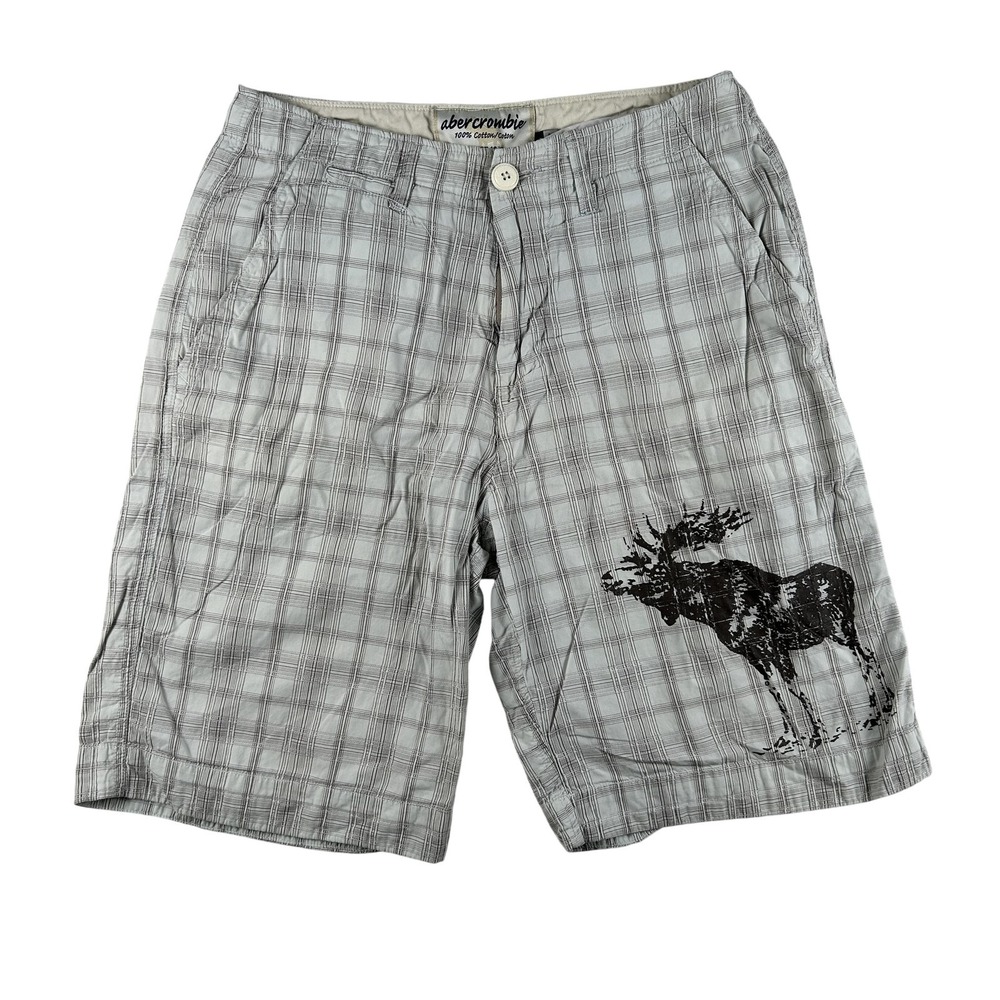 Vintage Abercrombie Chino Shorts Mens 28 Plaid Moose Logo Graphic 10" Inseam Y2K